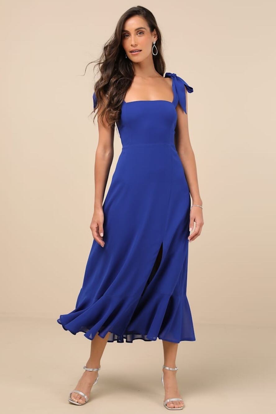 Lulu's Summer Invite Royal Blue Tie-Shoulder Midi Dress